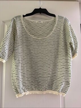 Max Studio Cream Scoop-Neck Sweater with Faded Green Stripes